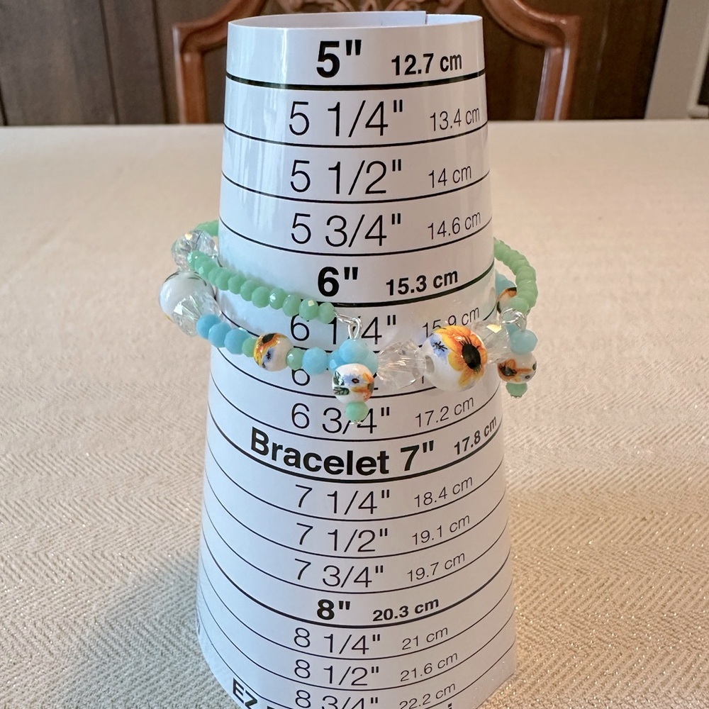 Handmade Set of 2 Memory Wire Bracelet Dangle Earrings Sunflower Turquoise Blue - Picture 10 of 10